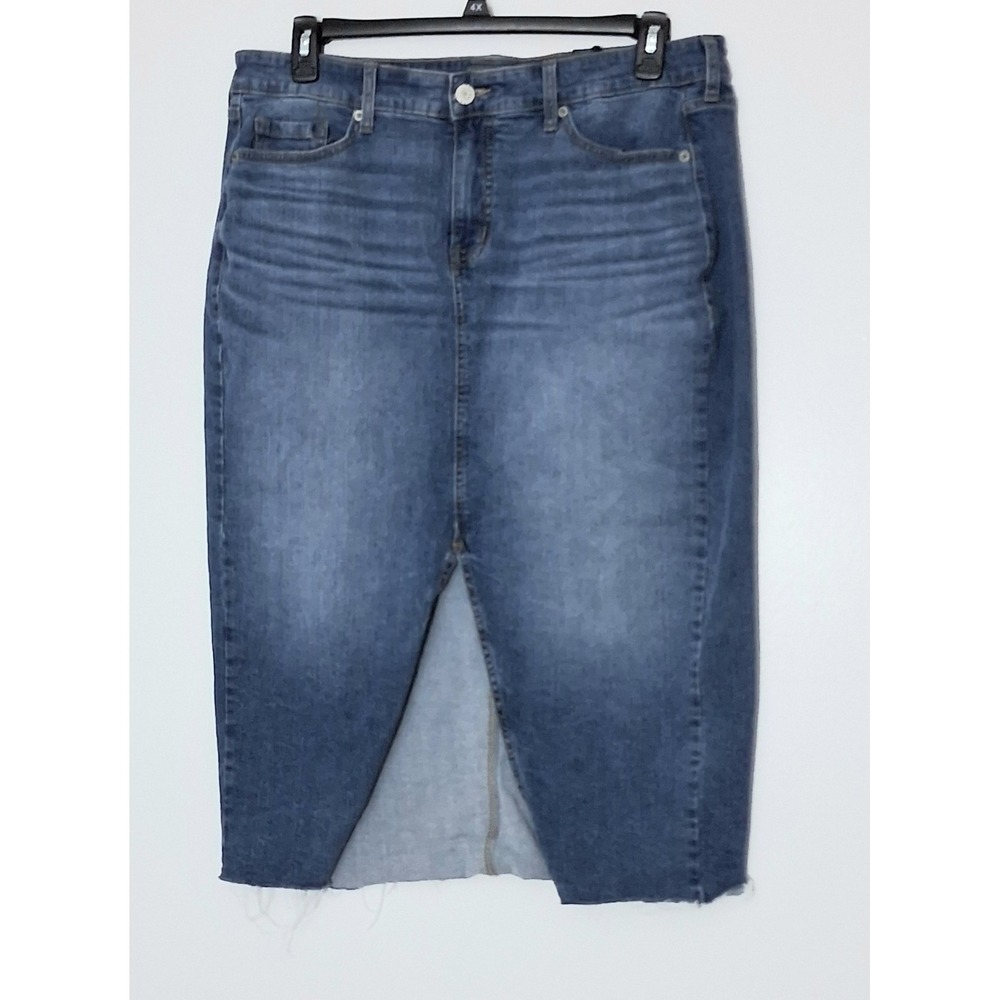 Torrid‎ Denim Skirt Women's Size 14 Blue Front Slit Midi Raw Hem Button Zip NEW